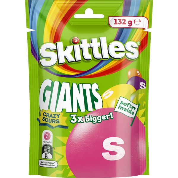 Skittles Giants Crazy Sours Chewy Lollies Snack & Share Bag 132g